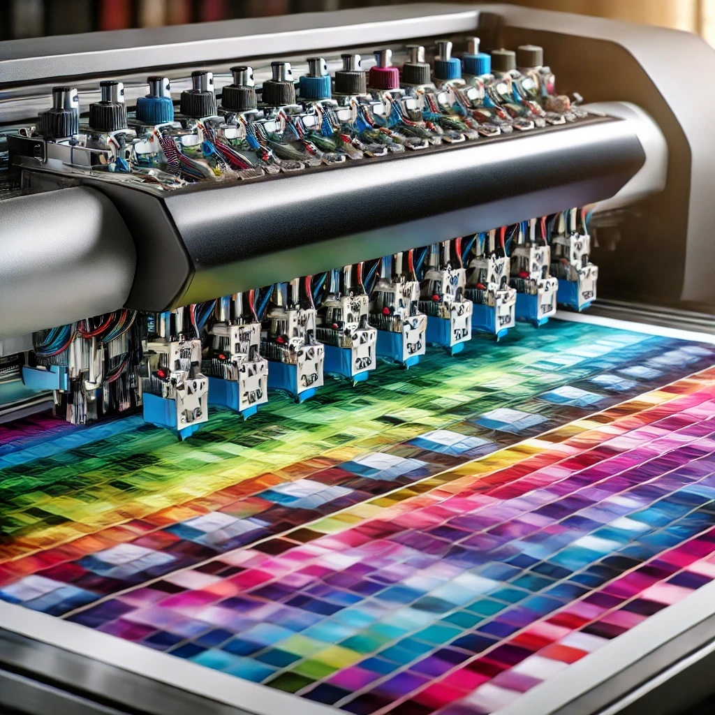 DALL·E 2024-10-24 14.18.42 - A close-up view of a modern, high-precision digital printer head as it produces a colorful print. The image focuses on the intricate mechanical compon