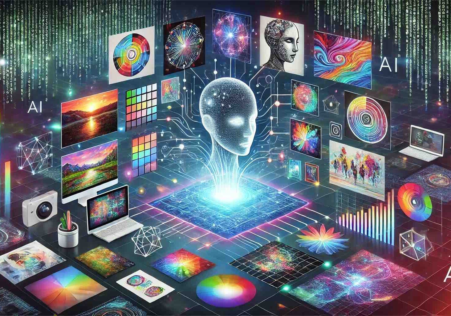 DALL·E-2024-09-06-14.23.49-An-illustration-showing-how-AI-generates-images.-The-image-depicts-a-futuristic-AI-system-in-the-center-surrounded-by-digital-patterns-and-algorithms